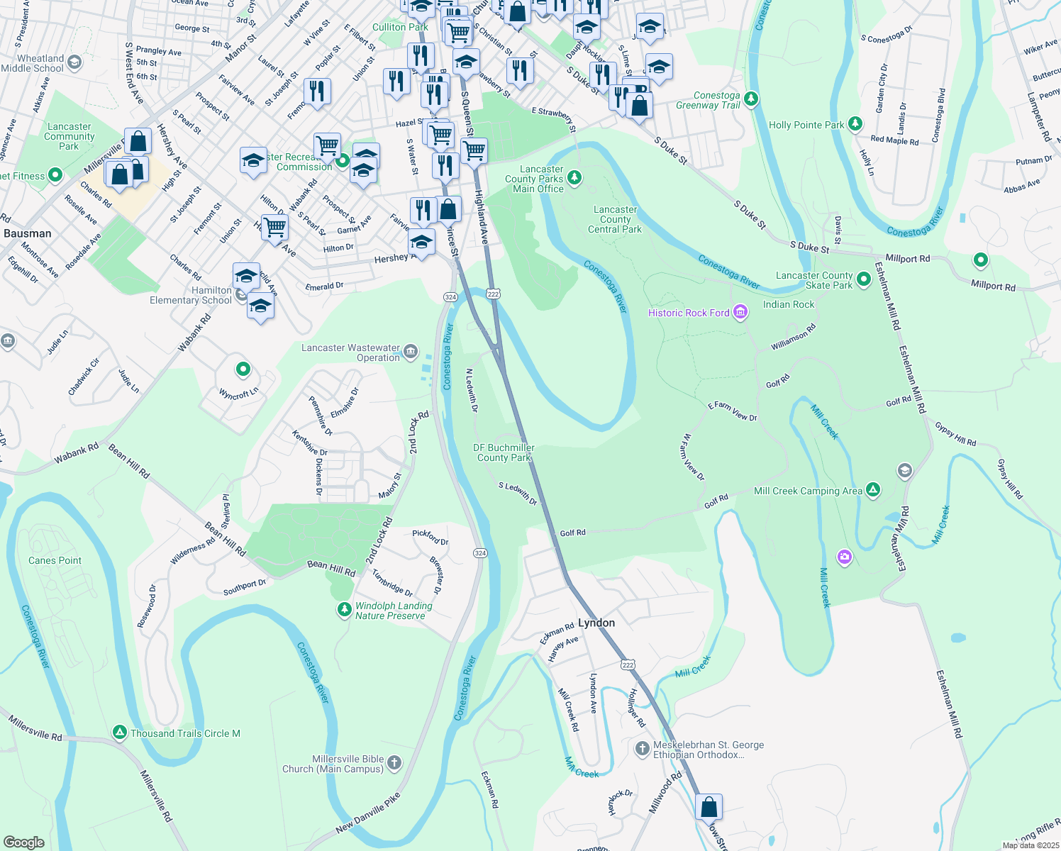 map of restaurants, bars, coffee shops, grocery stores, and more near 1221 Willow Street Pike in Lancaster