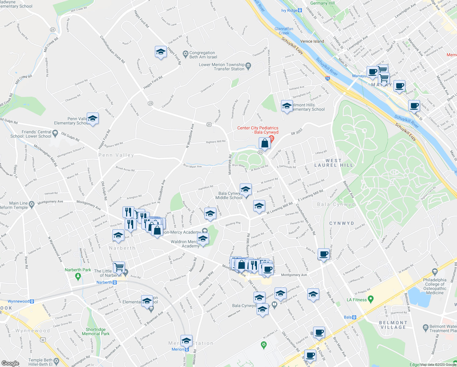 map of restaurants, bars, coffee shops, grocery stores, and more near 205 Standish Road in Merion Station