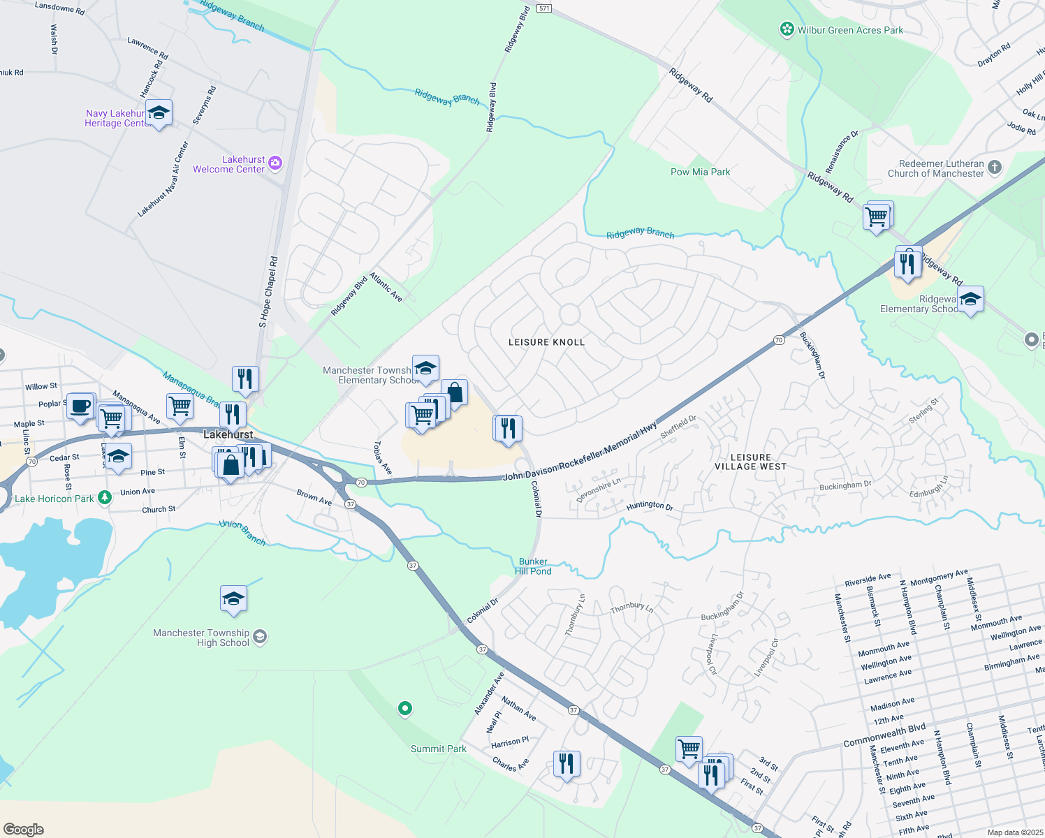 map of restaurants, bars, coffee shops, grocery stores, and more near 42 Normanton Ave in Manchester Township