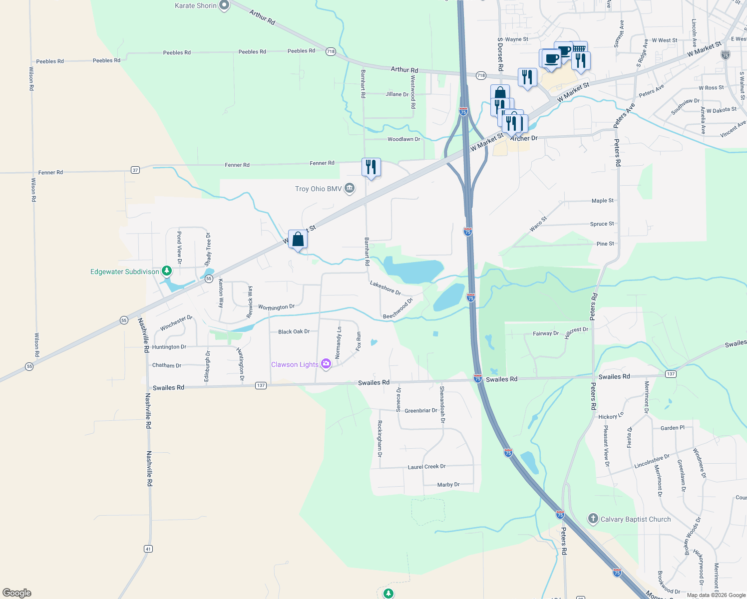 map of restaurants, bars, coffee shops, grocery stores, and more near 1620 Beechwood Dr in Troy