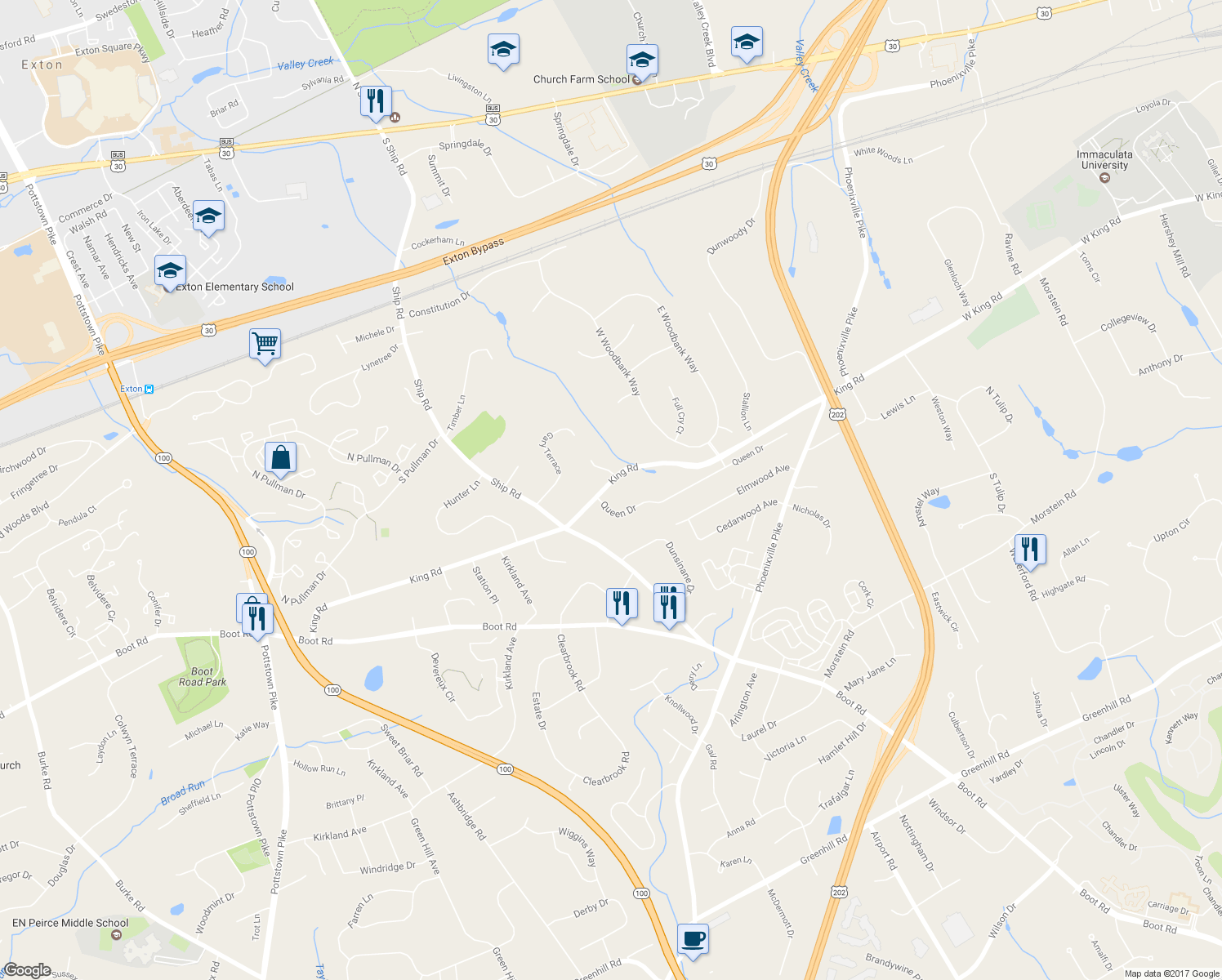 map of restaurants, bars, coffee shops, grocery stores, and more near 802 King Road in West Chester