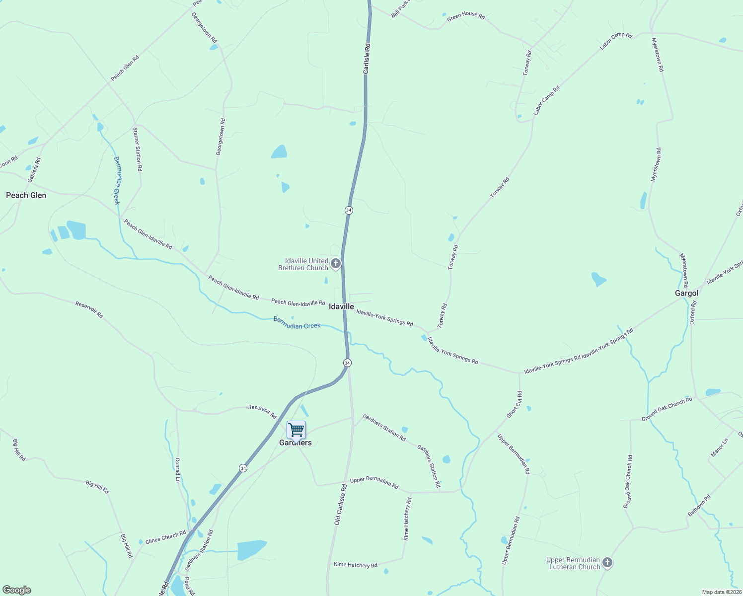 map of restaurants, bars, coffee shops, grocery stores, and more near 10 Idaville-York Springs Road in Gardners