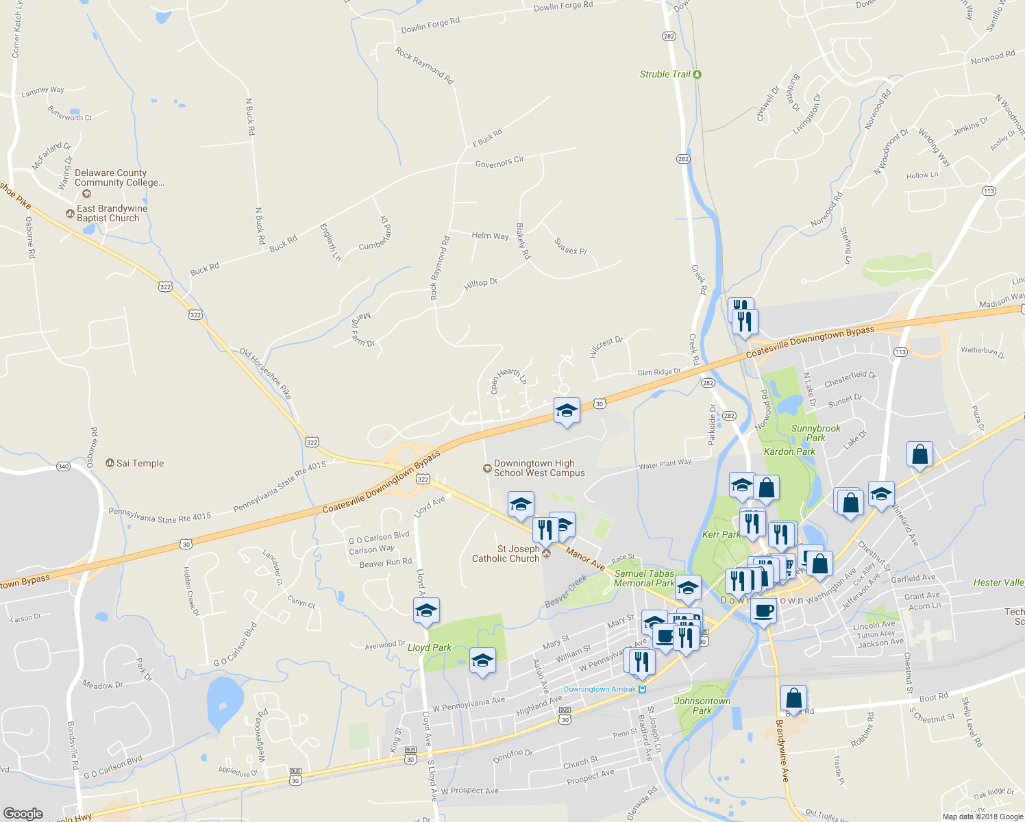 map of restaurants, bars, coffee shops, grocery stores, and more near 1008 Millstone Court in Downingtown