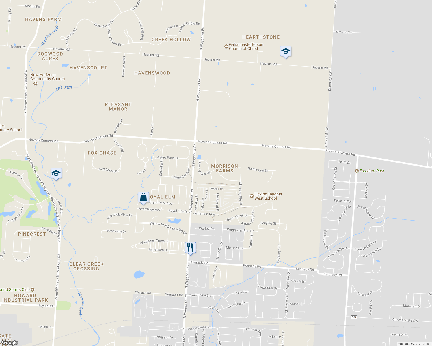 map of restaurants, bars, coffee shops, grocery stores, and more near 1619 Morrison Farms Drive in Blacklick
