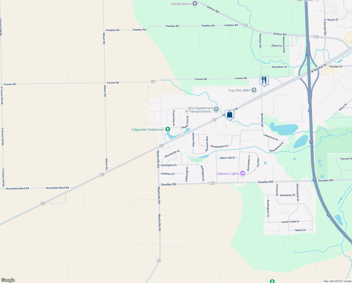 map of restaurants, bars, coffee shops, grocery stores, and more near 2721 Southside Drive in Troy