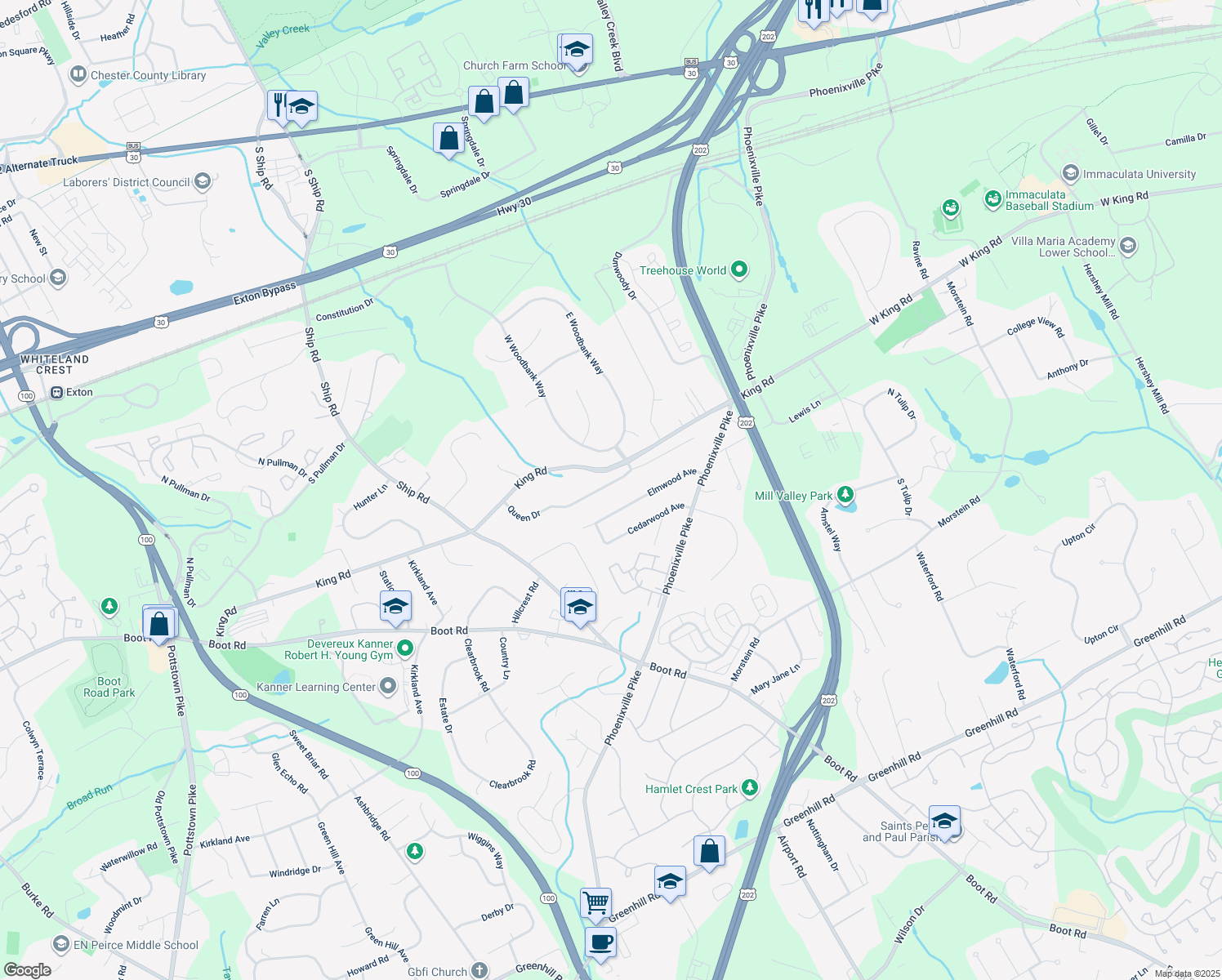 map of restaurants, bars, coffee shops, grocery stores, and more near 944 Queen Drive in West Chester