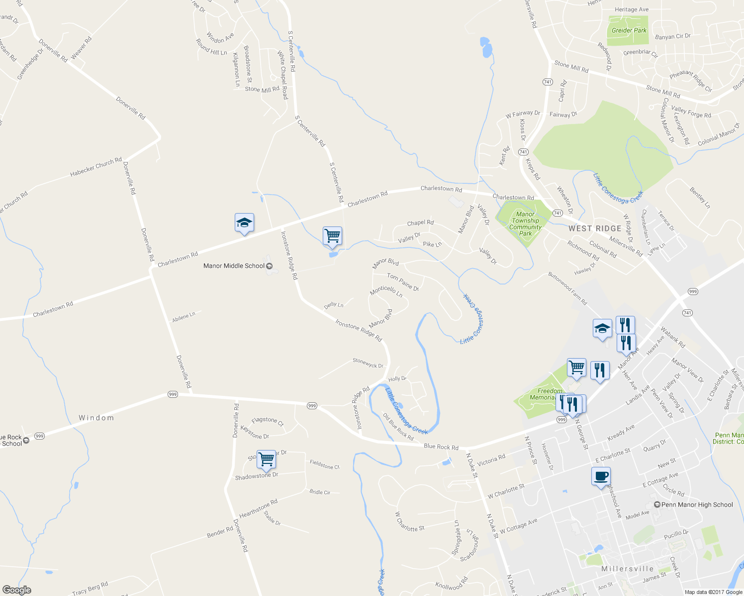 map of restaurants, bars, coffee shops, grocery stores, and more near 1077 Monticello Lane in Lancaster