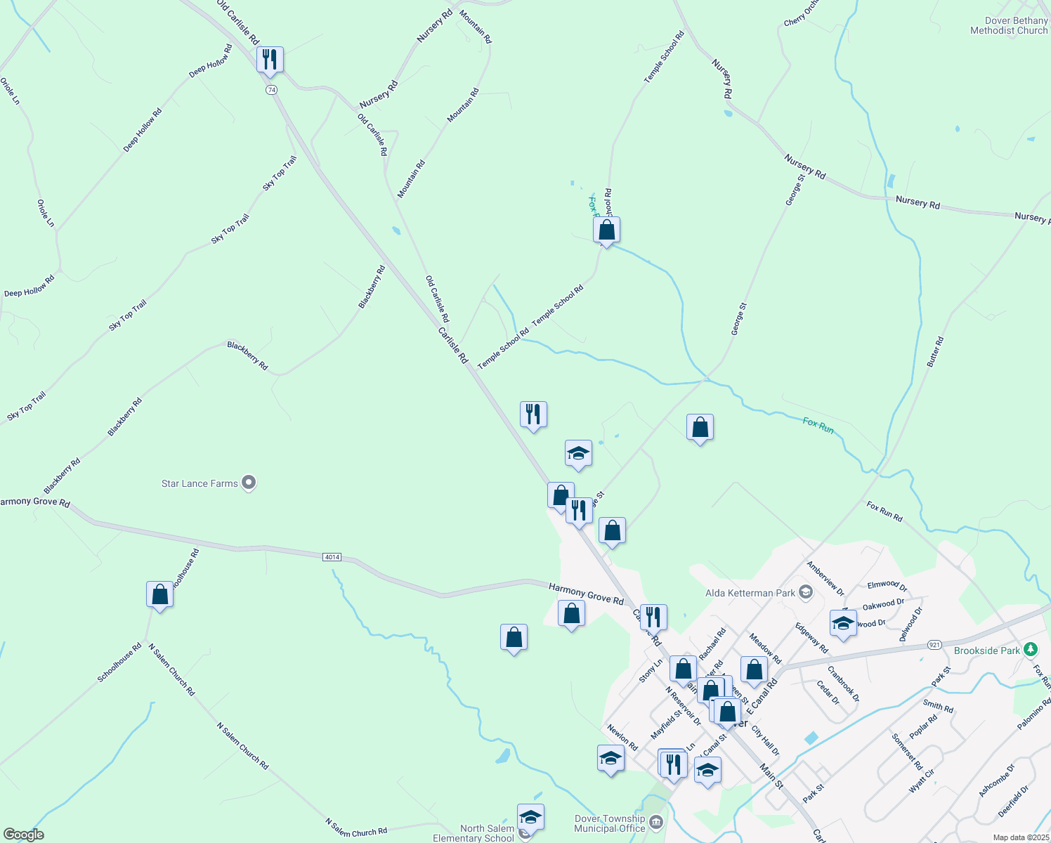 map of restaurants, bars, coffee shops, grocery stores, and more near 5171 Carlisle Rd in Dover