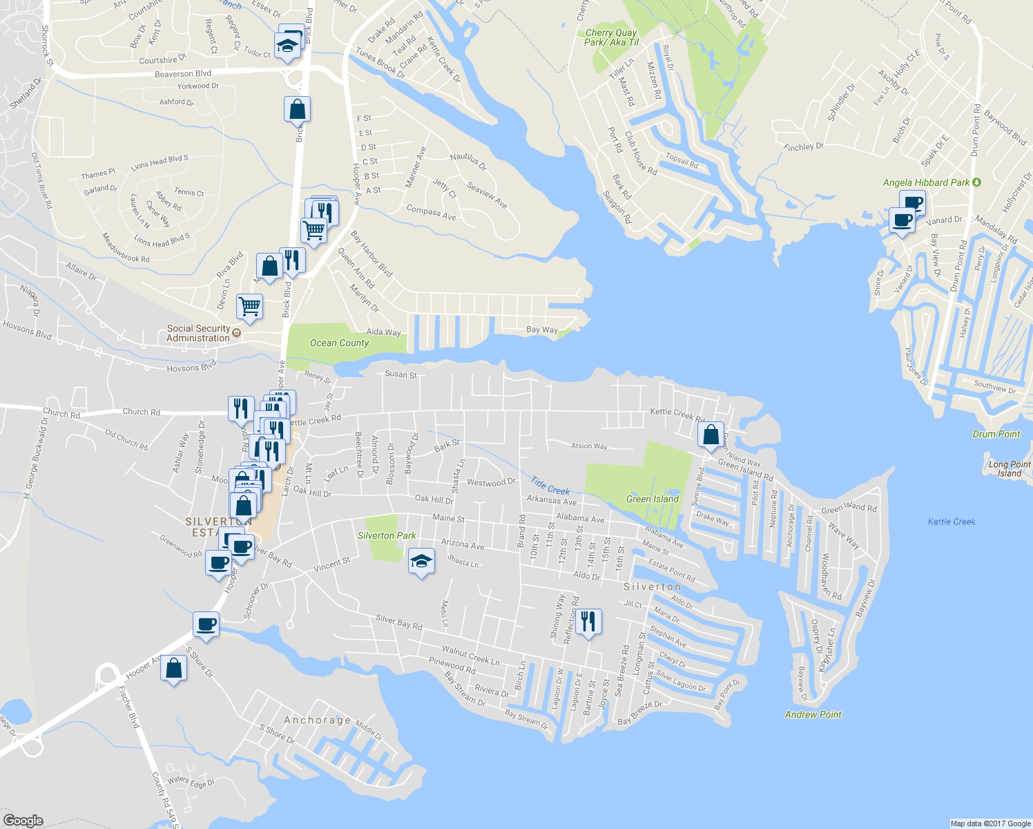 map of restaurants, bars, coffee shops, grocery stores, and more near 169 Kettle Creek Road in Toms River