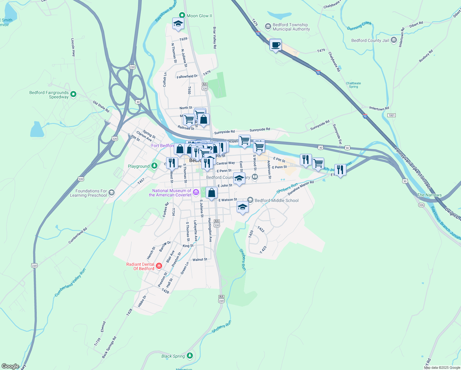 map of restaurants, bars, coffee shops, grocery stores, and more near 313 East John Street in Bedford