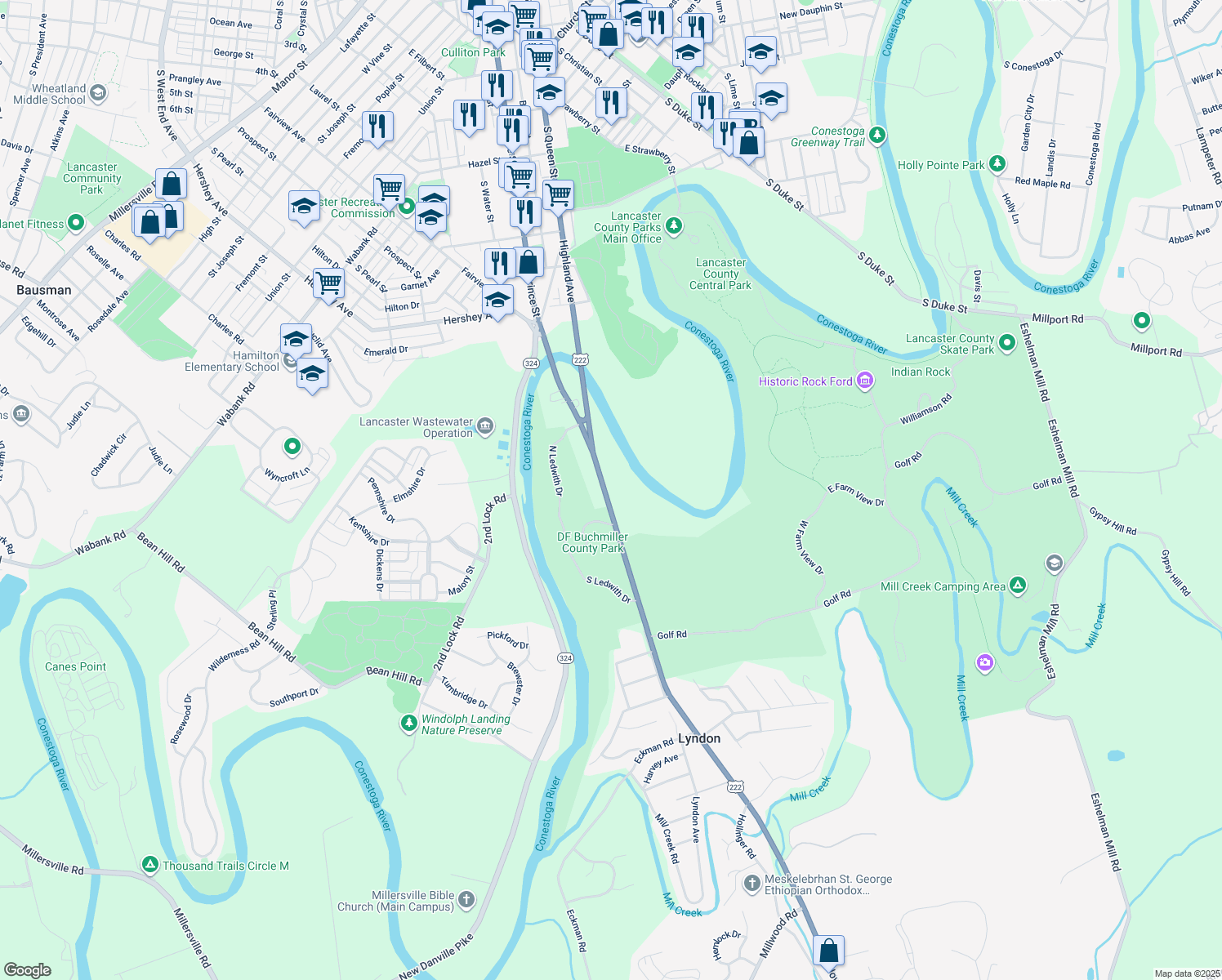 map of restaurants, bars, coffee shops, grocery stores, and more near 1209 Willow Street Pike in Lancaster