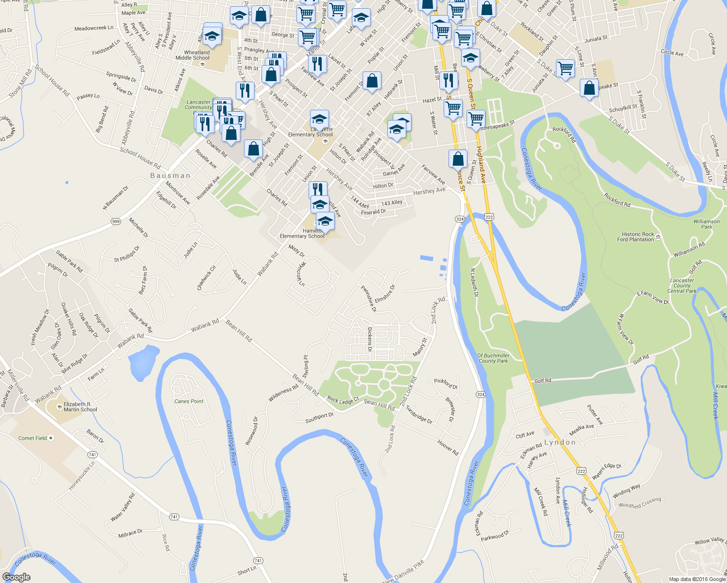 map of restaurants, bars, coffee shops, grocery stores, and more near 116 Pennshire Drive in Lancaster