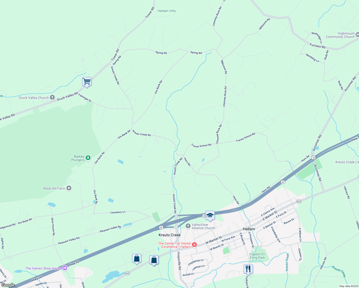 map of restaurants, bars, coffee shops, grocery stores, and more near 534 Kreutz Creek Road in York