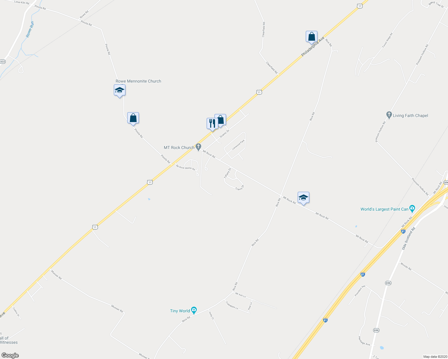 map of restaurants, bars, coffee shops, grocery stores, and more near 40 Tiffany Drive in Shippensburg