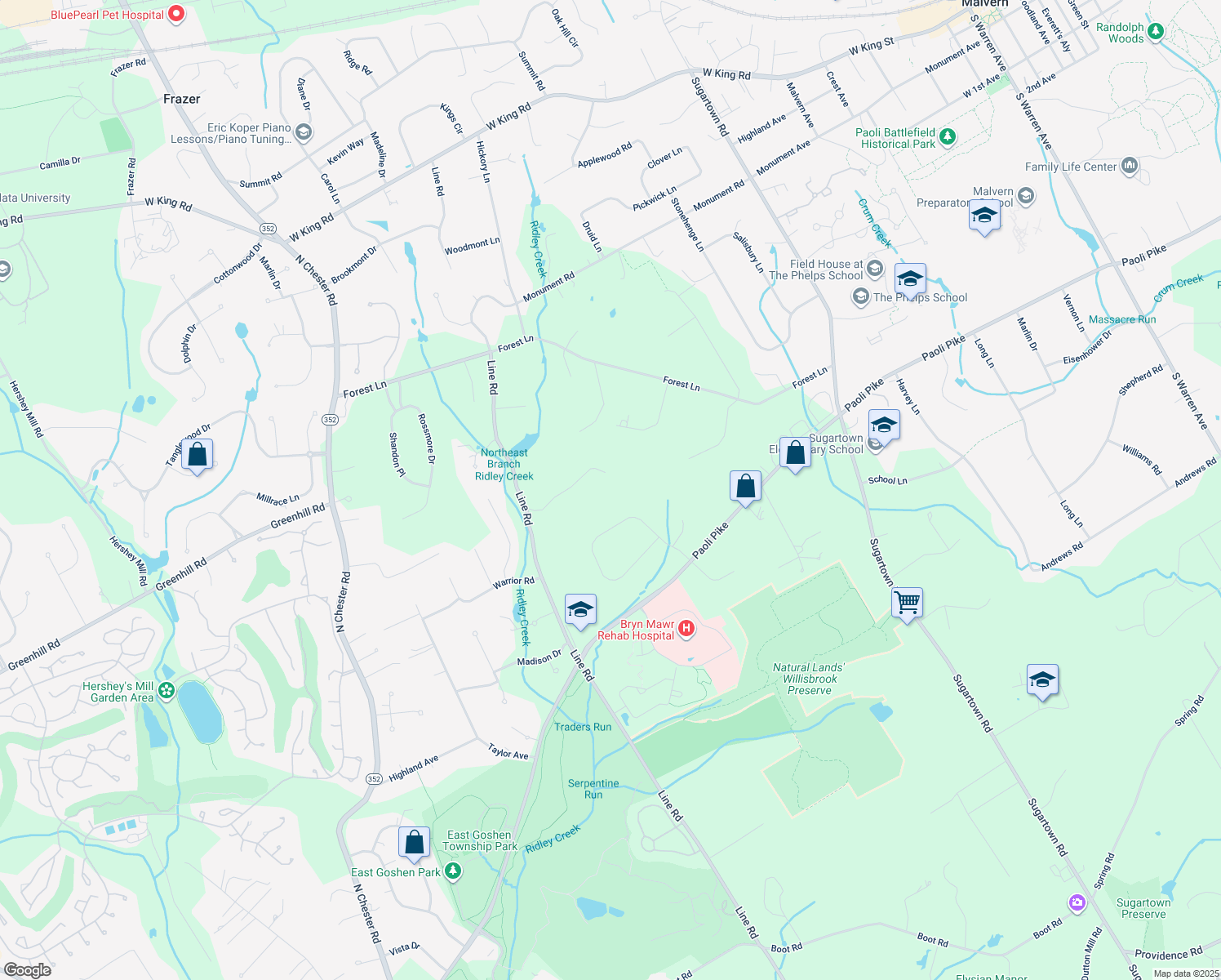 map of restaurants, bars, coffee shops, grocery stores, and more near 10 Indian Way in Malvern