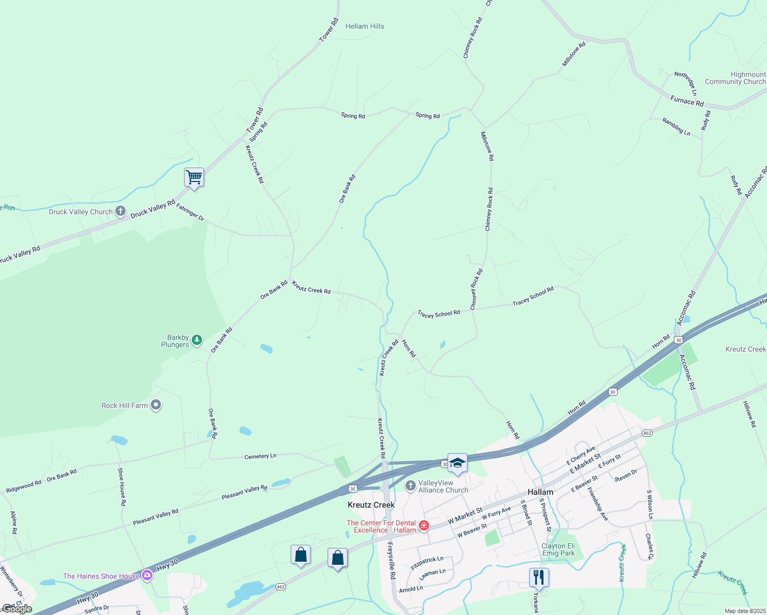 map of restaurants, bars, coffee shops, grocery stores, and more near 534 Kreutz Creek Road in York