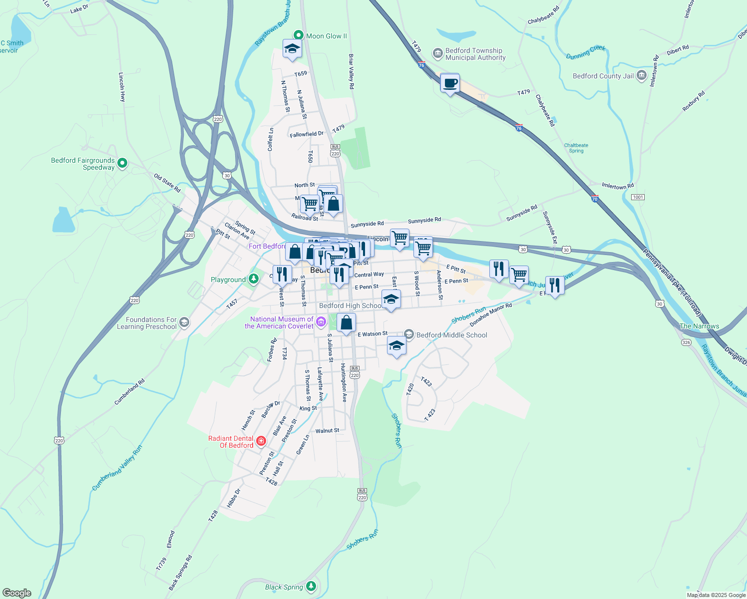 map of restaurants, bars, coffee shops, grocery stores, and more near 231 South Bedford Street in Bedford