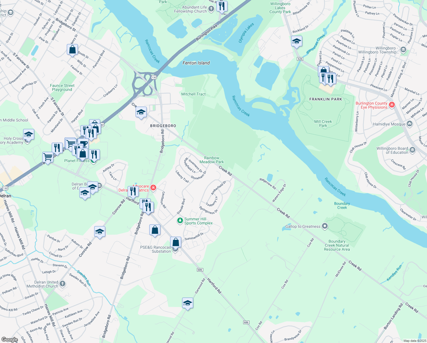 map of restaurants, bars, coffee shops, grocery stores, and more near 9 Aster Ct in Delran