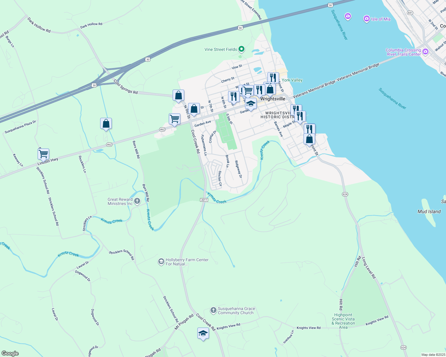 map of restaurants, bars, coffee shops, grocery stores, and more near 310 Brook Lane in Wrightsville