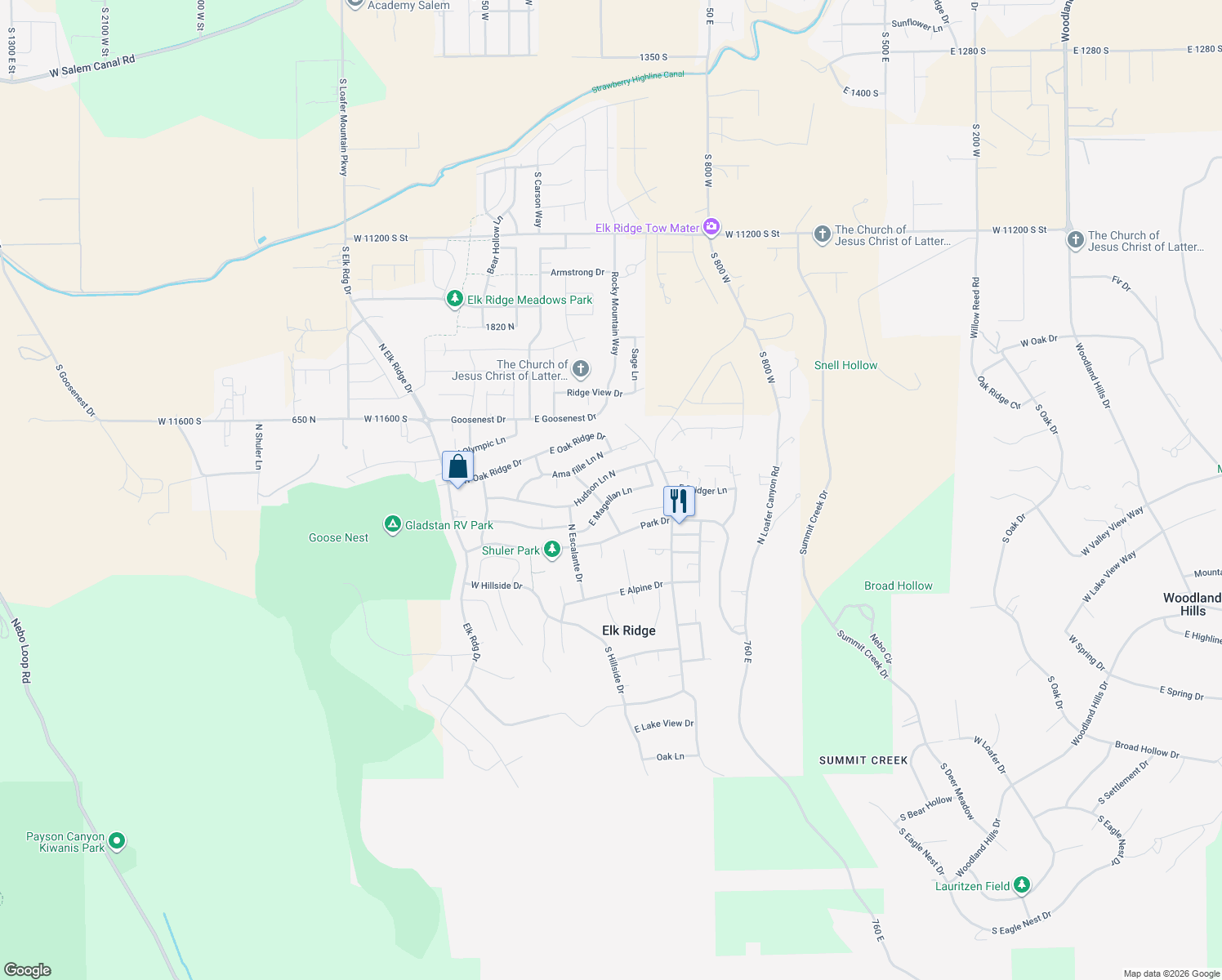 map of restaurants, bars, coffee shops, grocery stores, and more near 339 E Magellan Ln in Elk Ridge