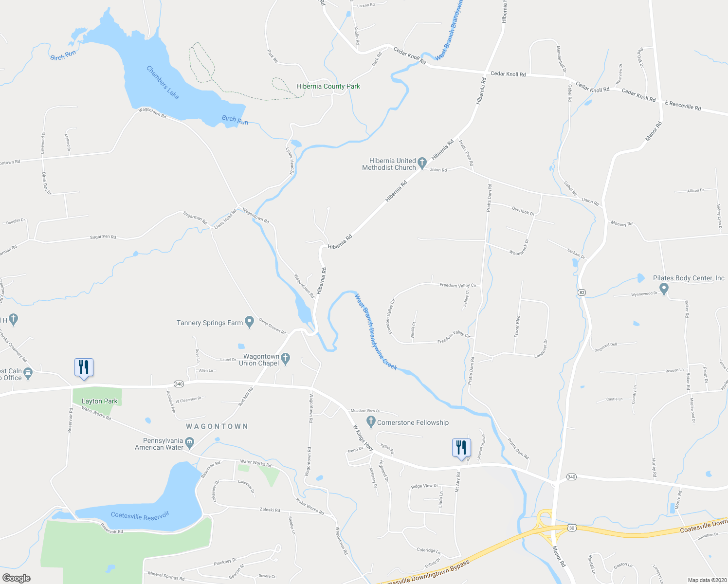 map of restaurants, bars, coffee shops, grocery stores, and more near 128 Hibernia Road in Coatesville