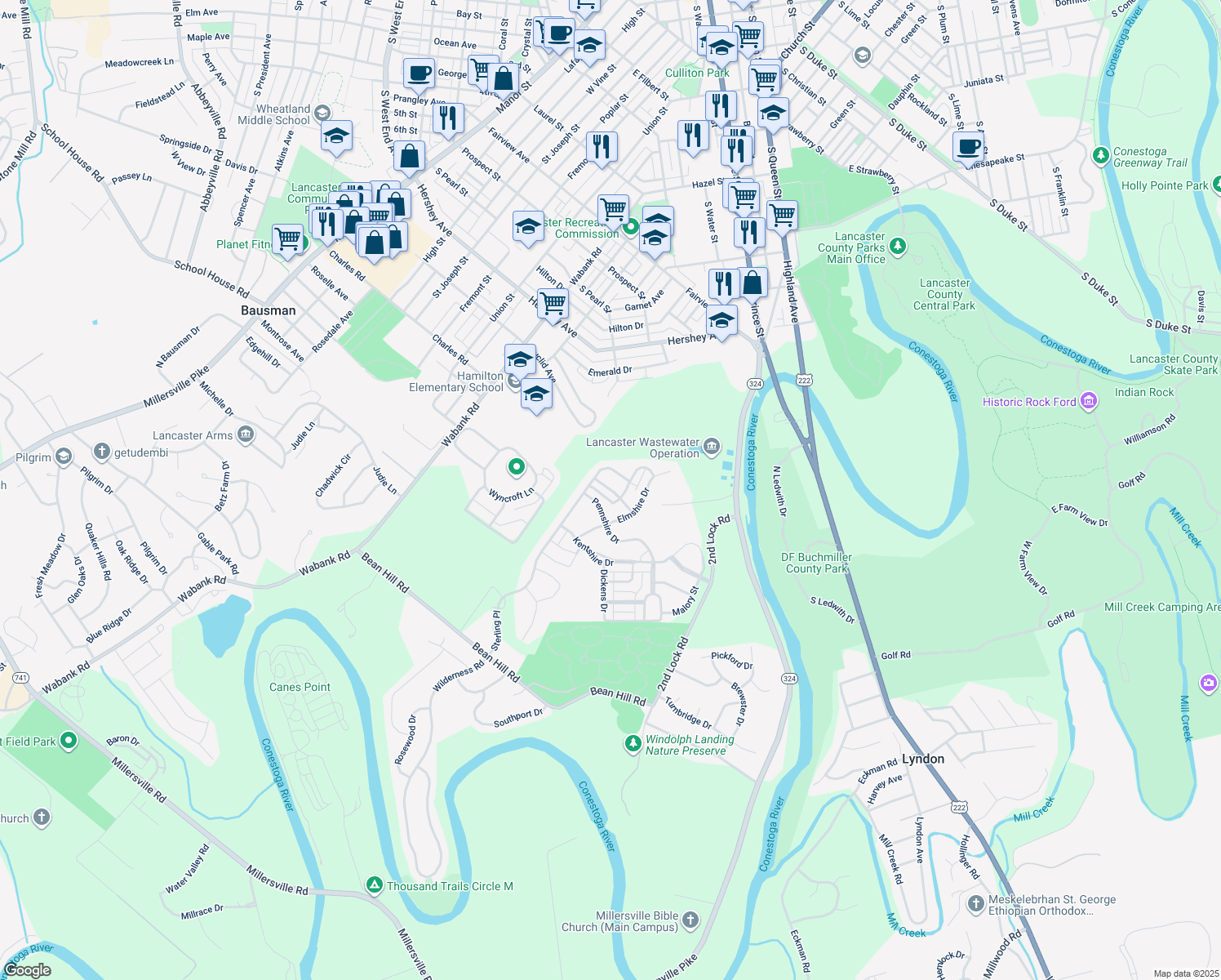 map of restaurants, bars, coffee shops, grocery stores, and more near 213 Perthshire Drive in Lancaster