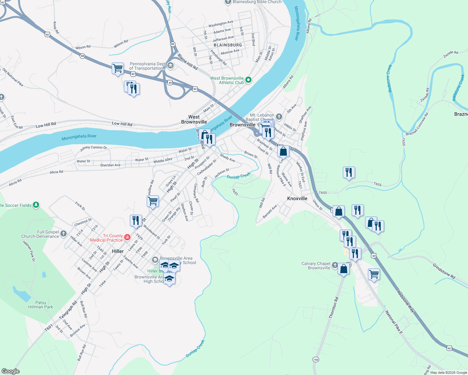 map of restaurants, bars, coffee shops, grocery stores, and more near 233 Brown St in Brownsville
