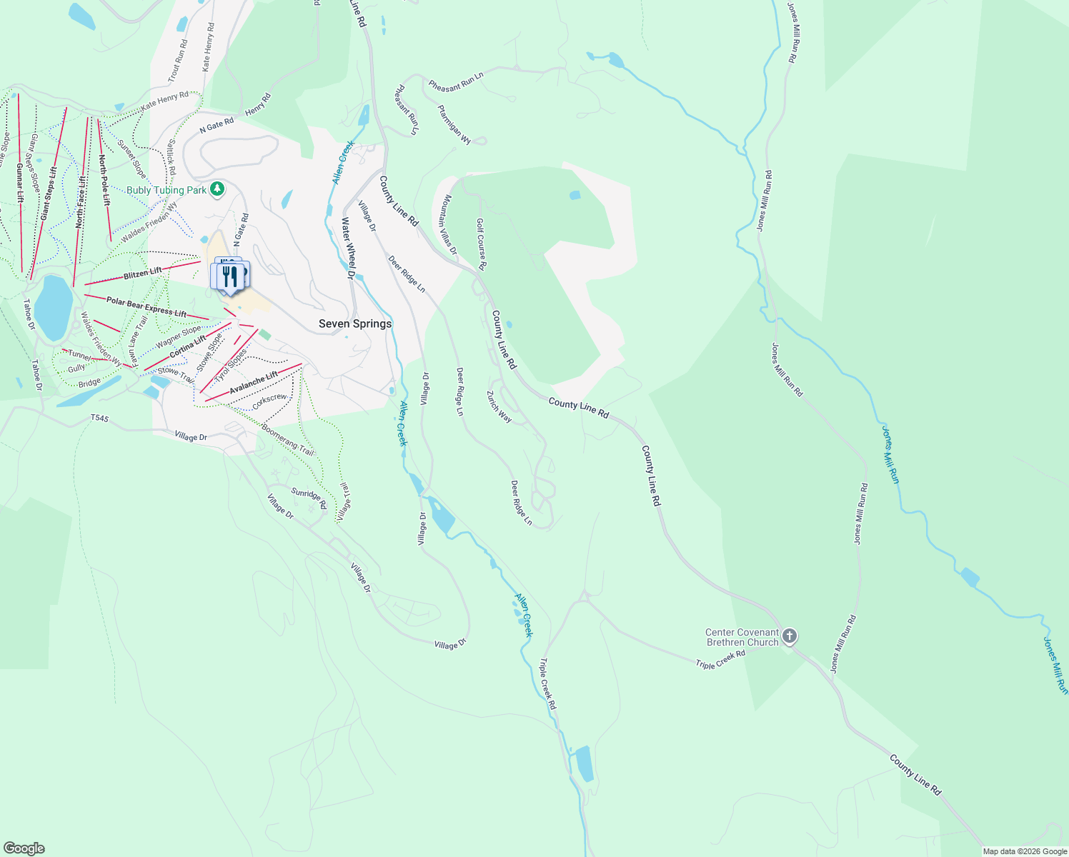 map of restaurants, bars, coffee shops, grocery stores, and more near 106 Swiss Mountain Drive in Champion
