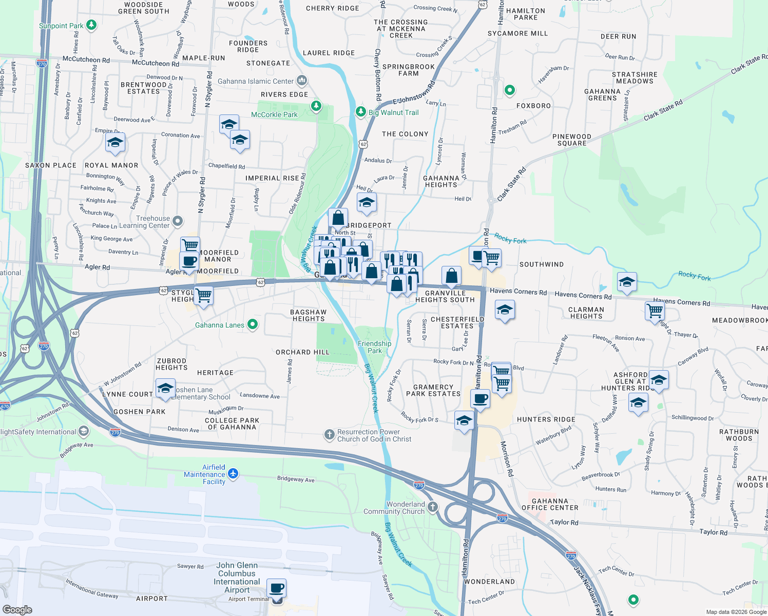 map of restaurants, bars, coffee shops, grocery stores, and more near 161 Clark Ave in Gahanna