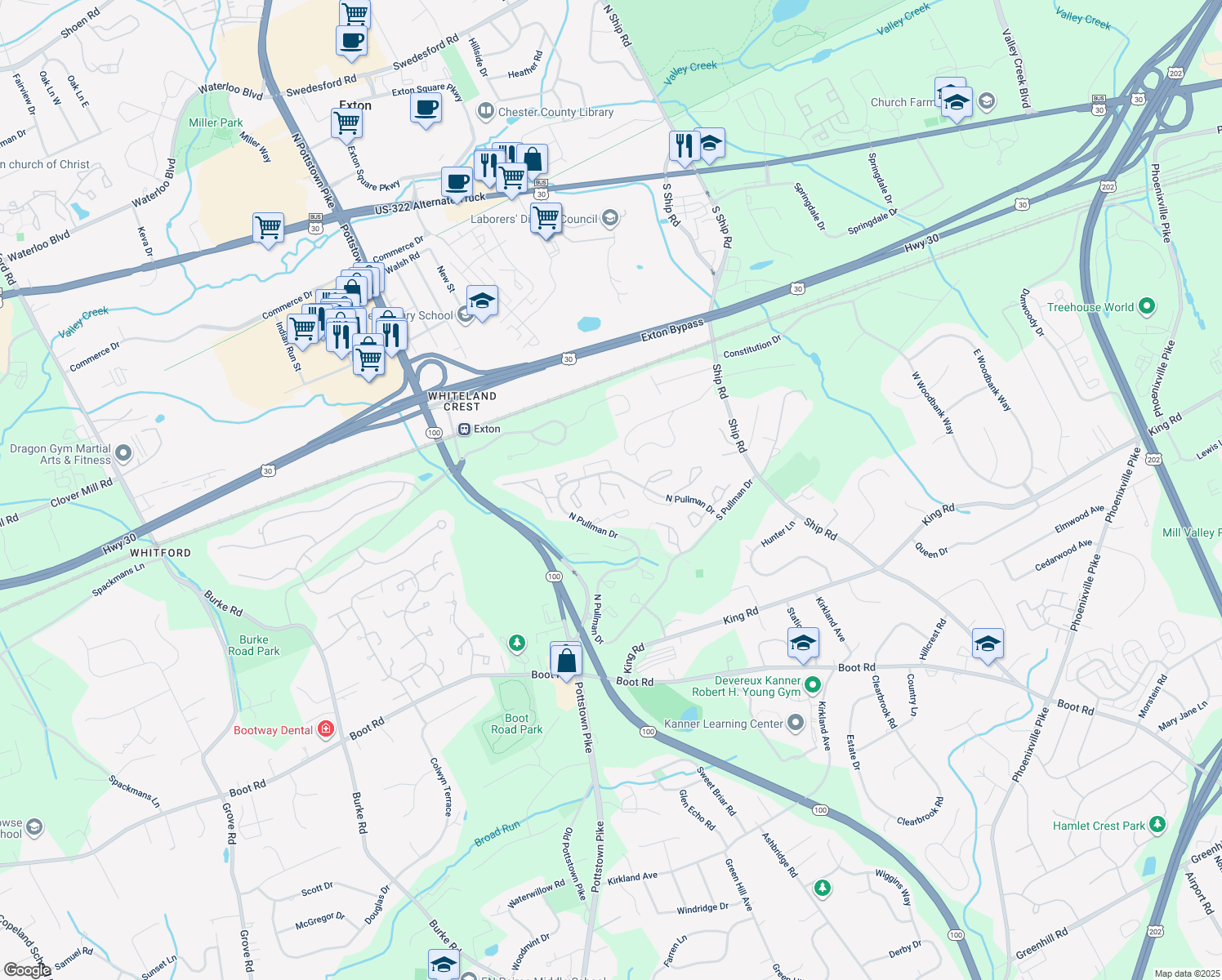 map of restaurants, bars, coffee shops, grocery stores, and more near 666 Metro Court in West Chester