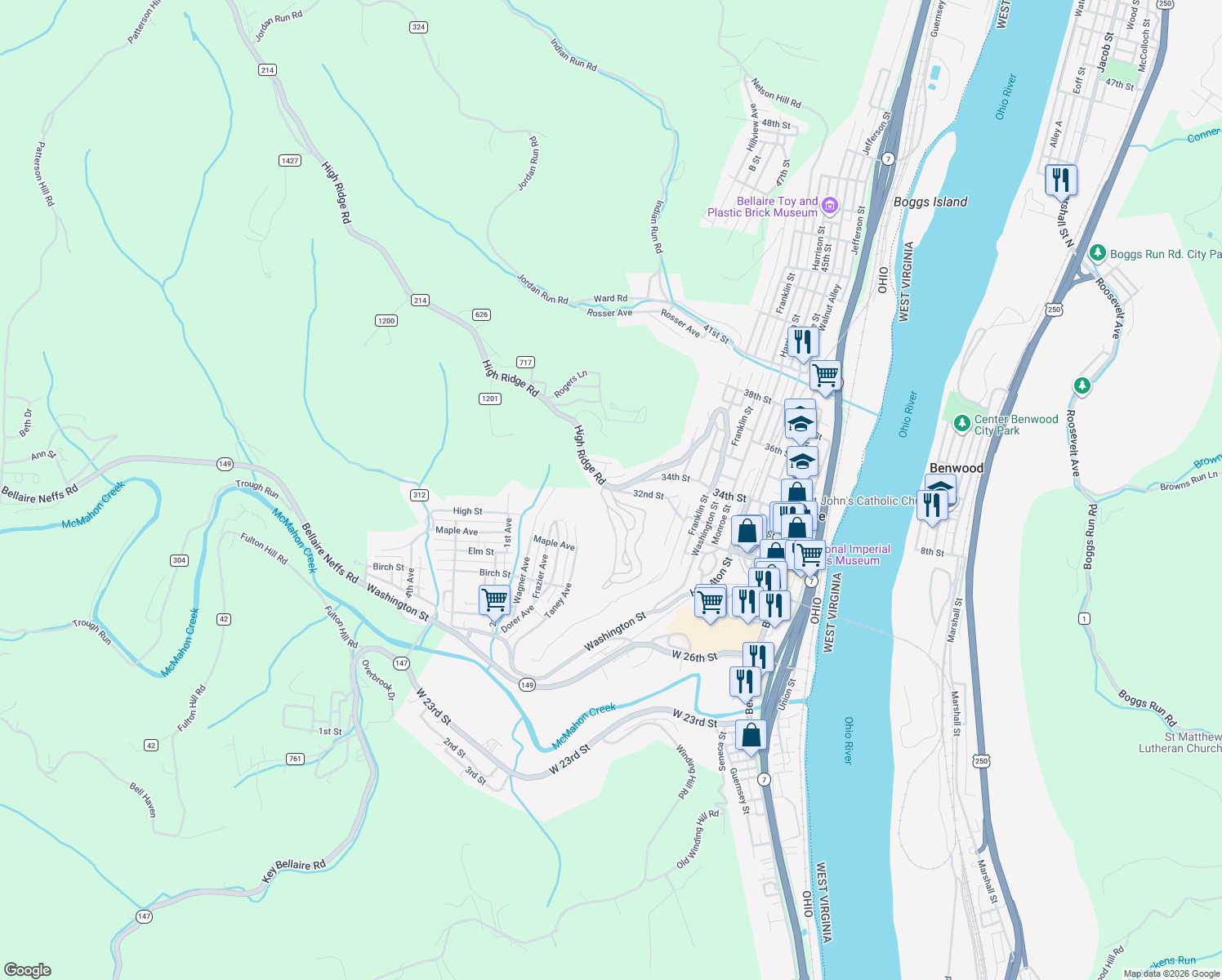 map of restaurants, bars, coffee shops, grocery stores, and more near 999 32nd St in Bellaire