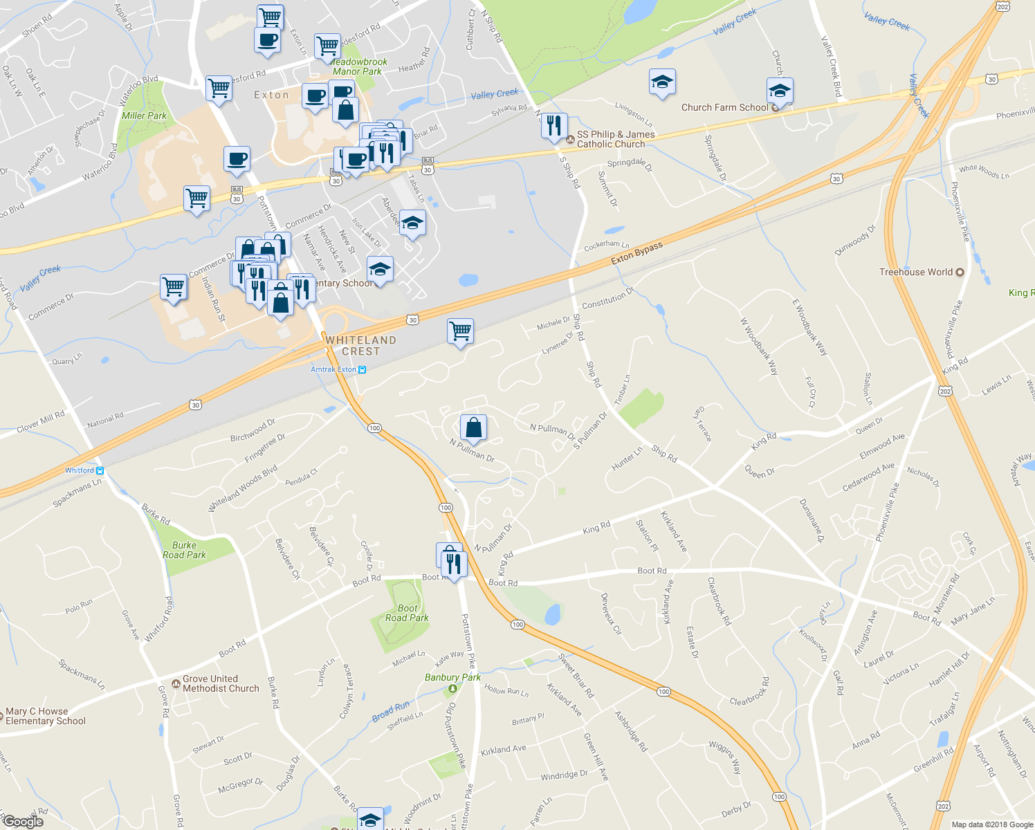 map of restaurants, bars, coffee shops, grocery stores, and more near 732 Chessie Court in West Chester