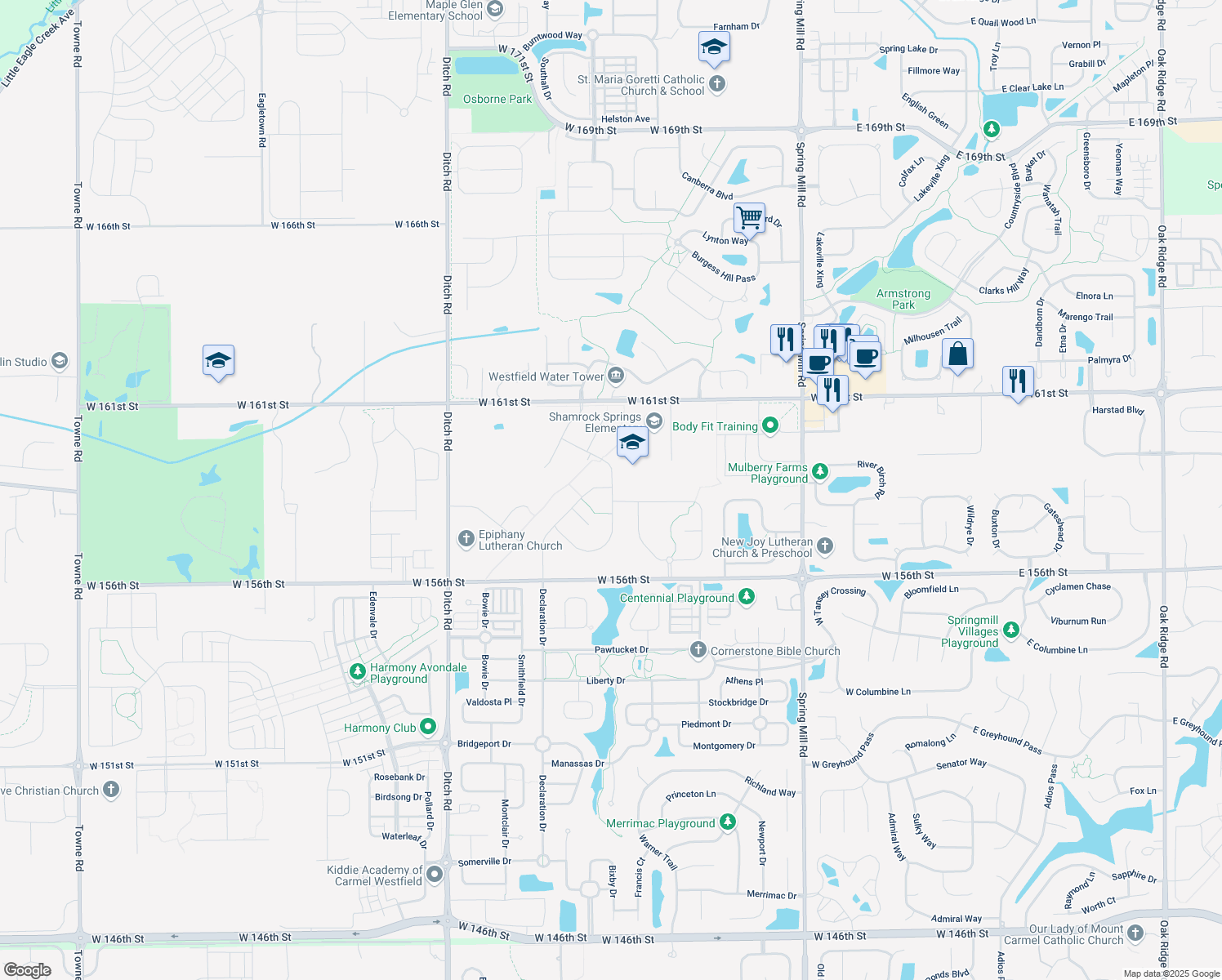 map of restaurants, bars, coffee shops, grocery stores, and more near 1046 West 156th Street in Westfield