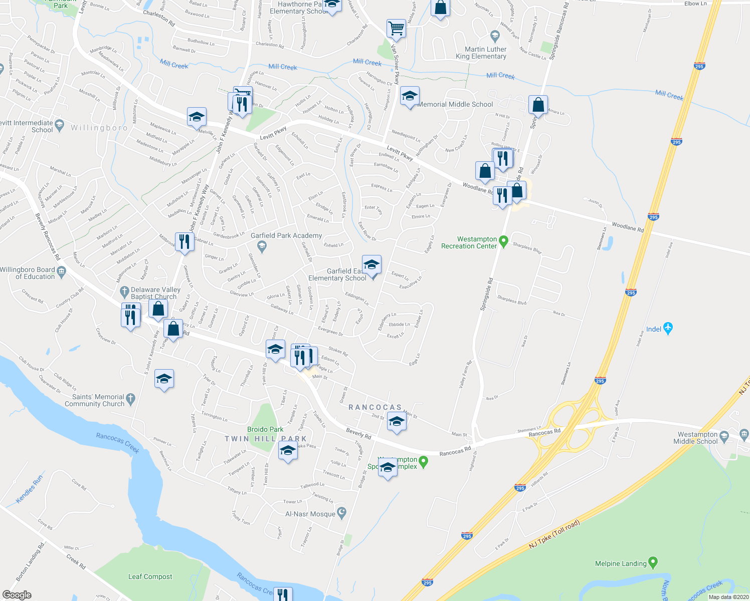 map of restaurants, bars, coffee shops, grocery stores, and more near 104 Evergreen Drive in Willingboro