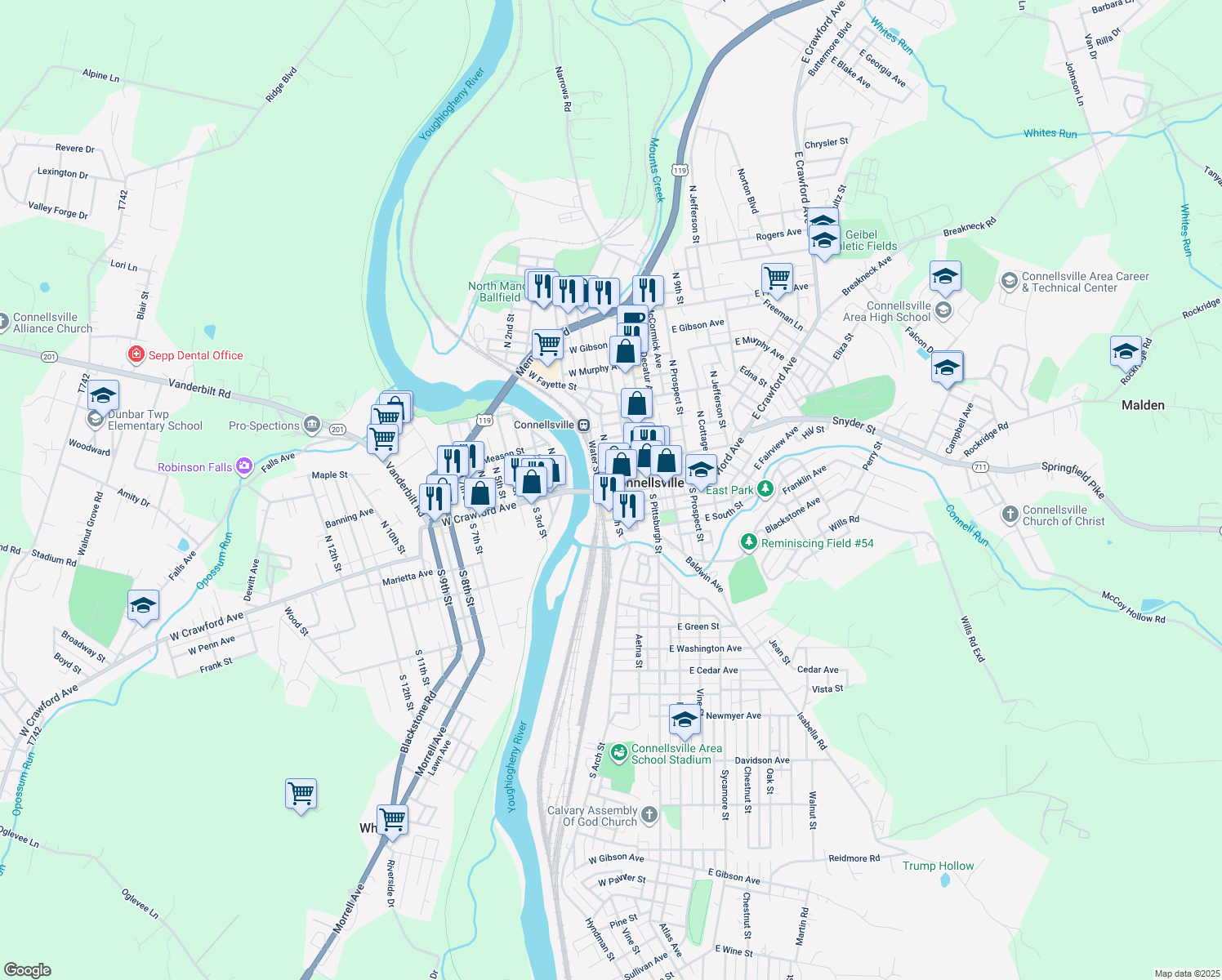 map of restaurants, bars, coffee shops, grocery stores, and more near 115 North Arch Street in Connellsville