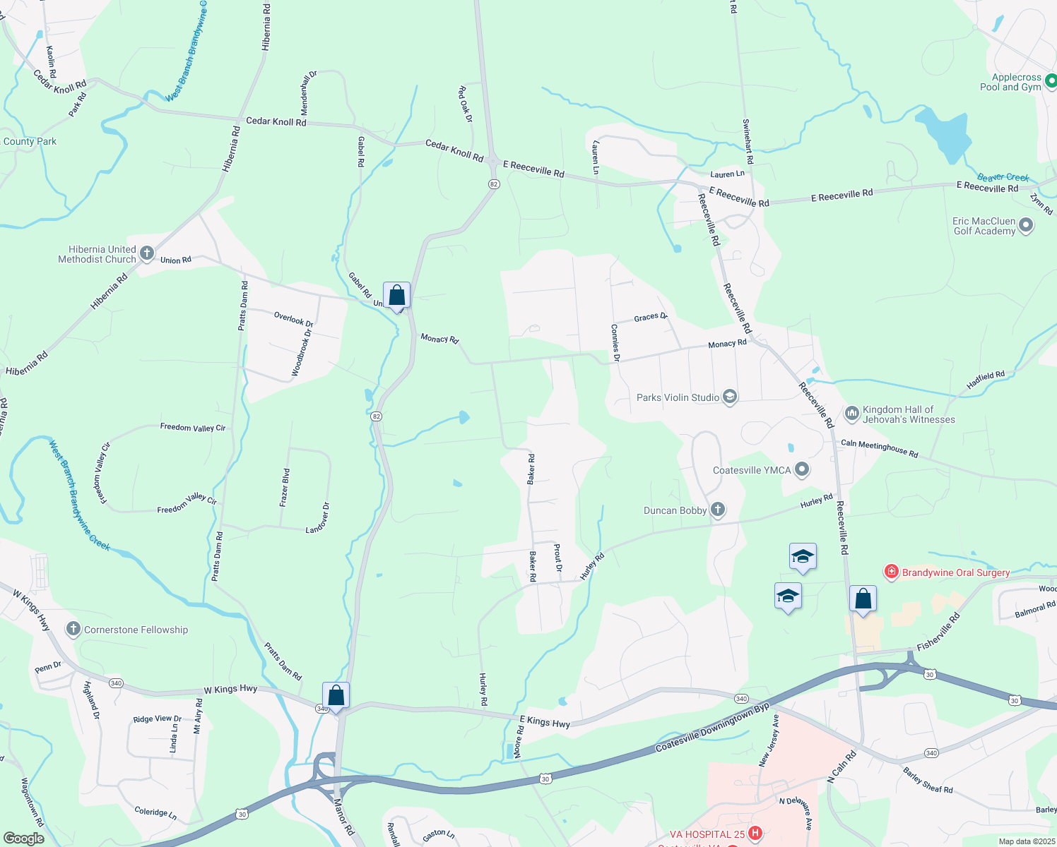 map of restaurants, bars, coffee shops, grocery stores, and more near 40 Fox Lane in Coatesville