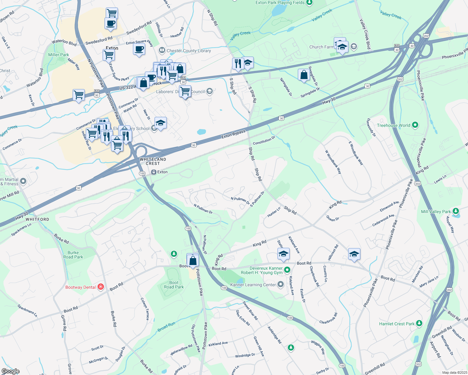 map of restaurants, bars, coffee shops, grocery stores, and more near 727 Chessie Court in West Chester