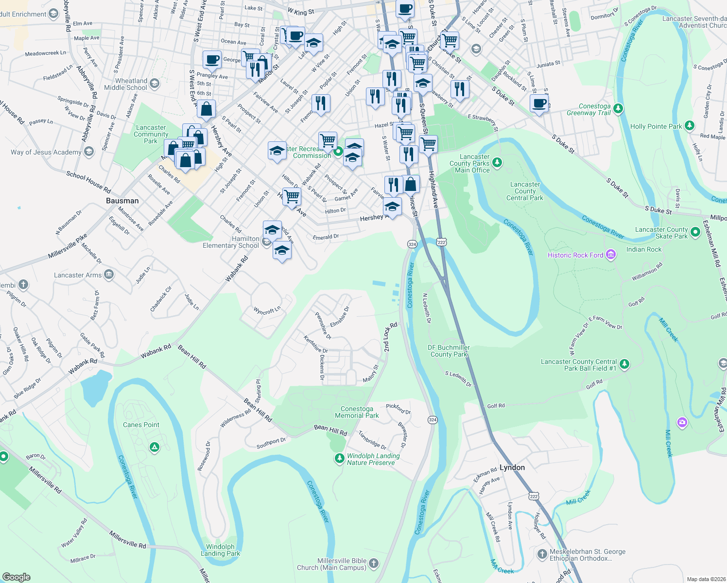 map of restaurants, bars, coffee shops, grocery stores, and more near 414 Elmshire Dr in Lancaster