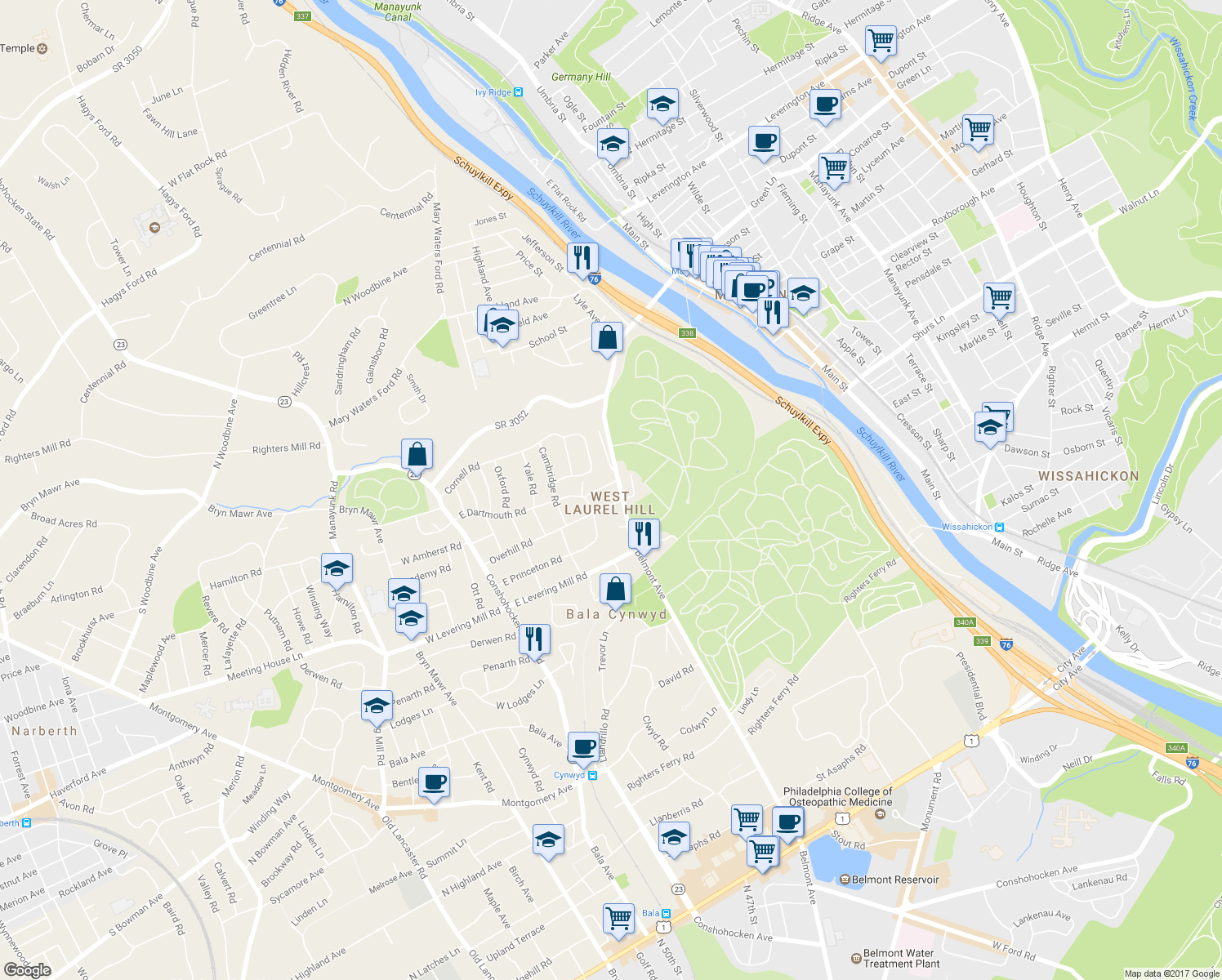 map of restaurants, bars, coffee shops, grocery stores, and more near 160 Vassar Road in Bala Cynwyd