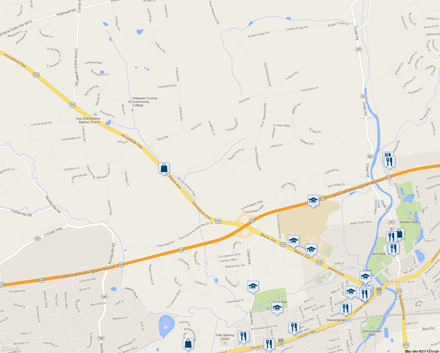 map of restaurants, bars, coffee shops, grocery stores, and more near 82 Bowman Ct in Downingtown