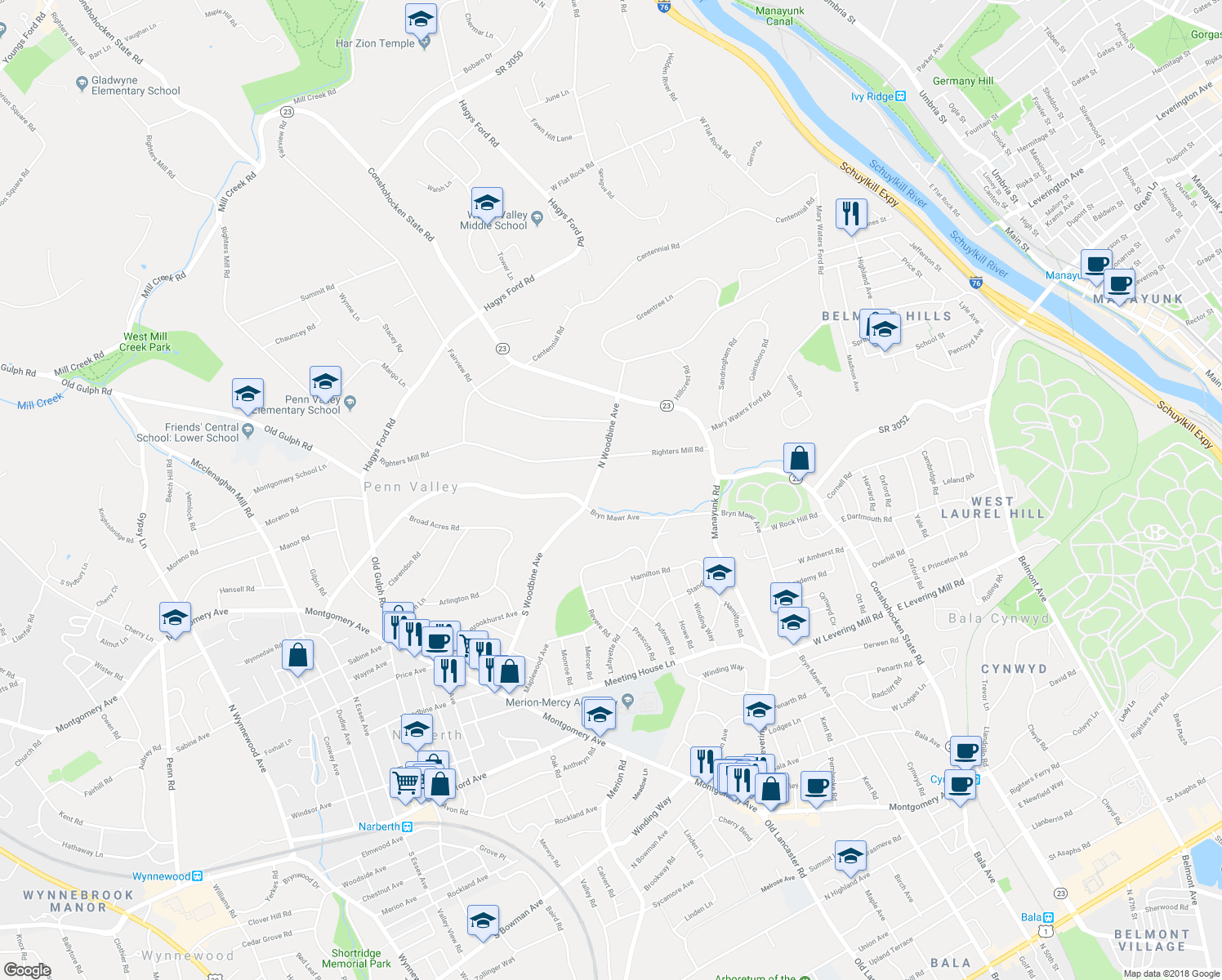 map of restaurants, bars, coffee shops, grocery stores, and more near 815 North Woodbine Avenue in Penn Valley