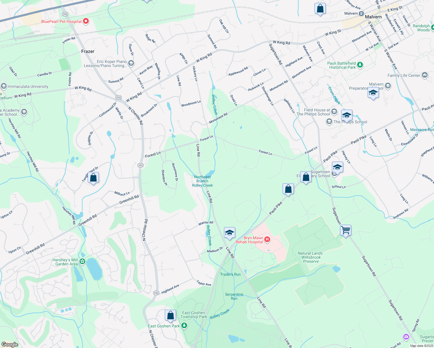 map of restaurants, bars, coffee shops, grocery stores, and more near 61 Line Road in Malvern