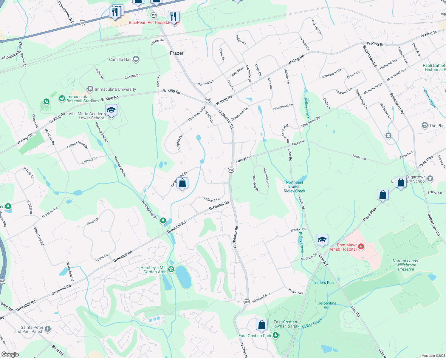 map of restaurants, bars, coffee shops, grocery stores, and more near 1221 Mayapple Lane in West Chester