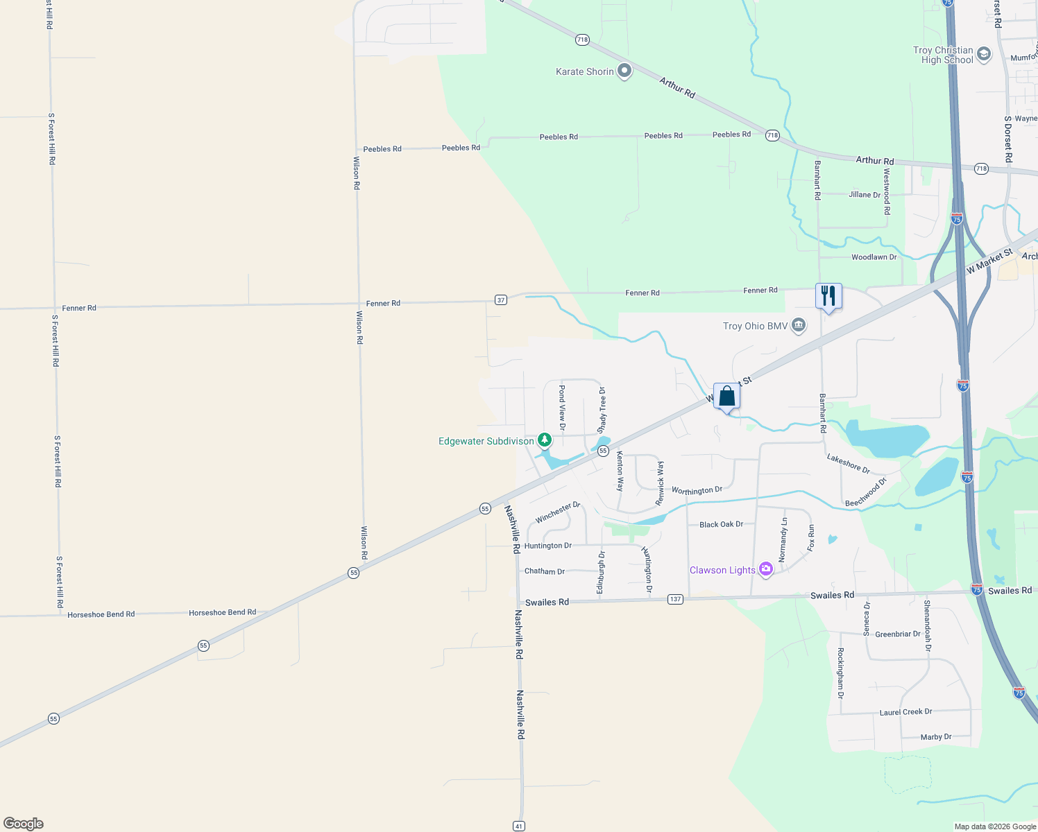 map of restaurants, bars, coffee shops, grocery stores, and more near 1148 Parkview Dr in Troy