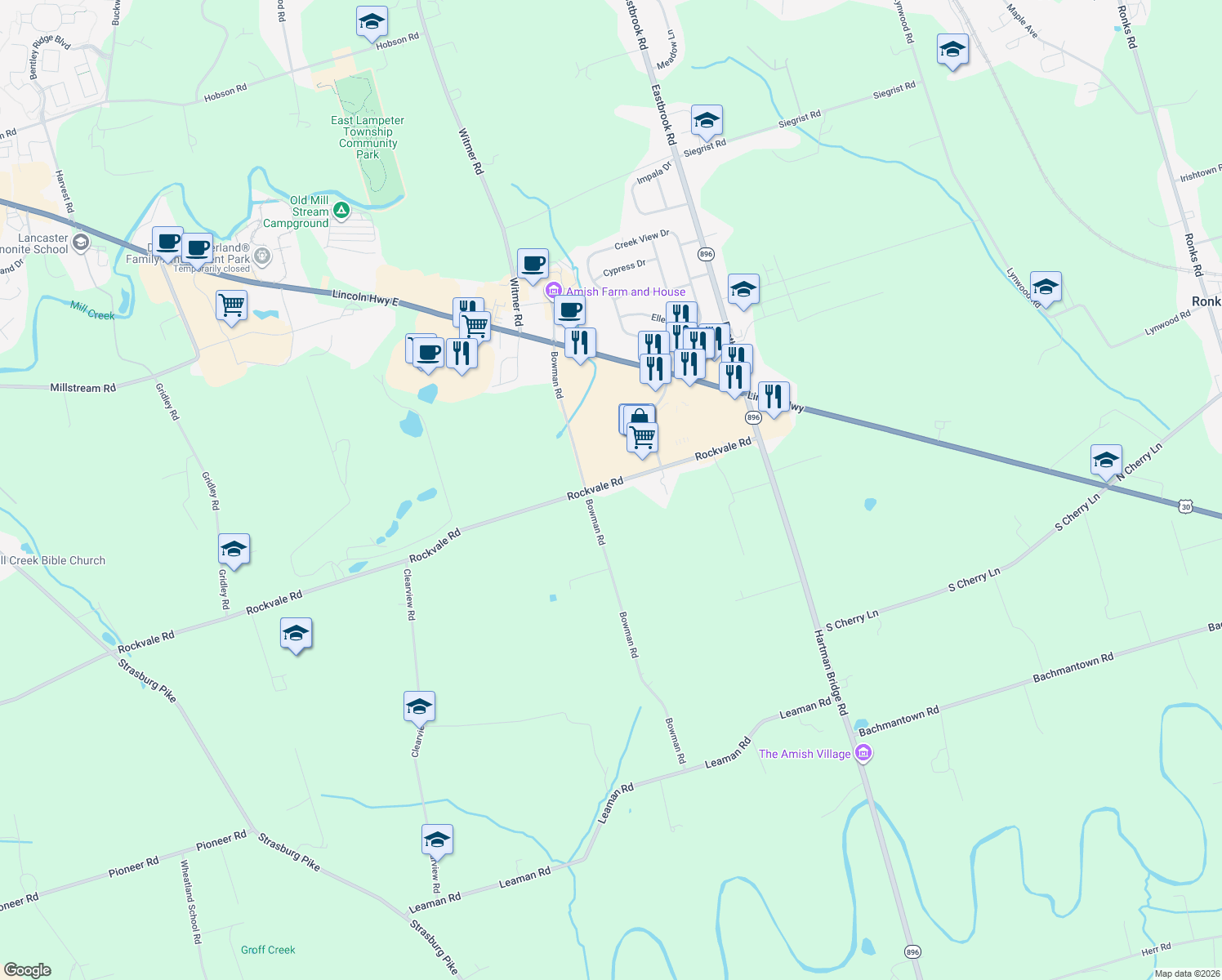 map of restaurants, bars, coffee shops, grocery stores, and more near 2314 Rockvale Road in Lancaster
