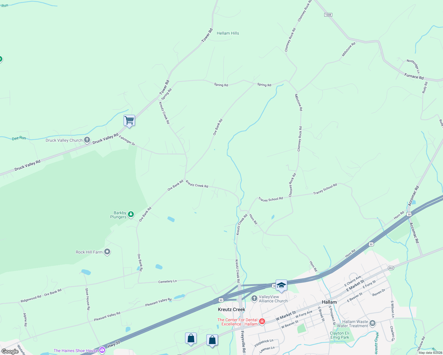 map of restaurants, bars, coffee shops, grocery stores, and more near 614 Kreutz Creek Road in York