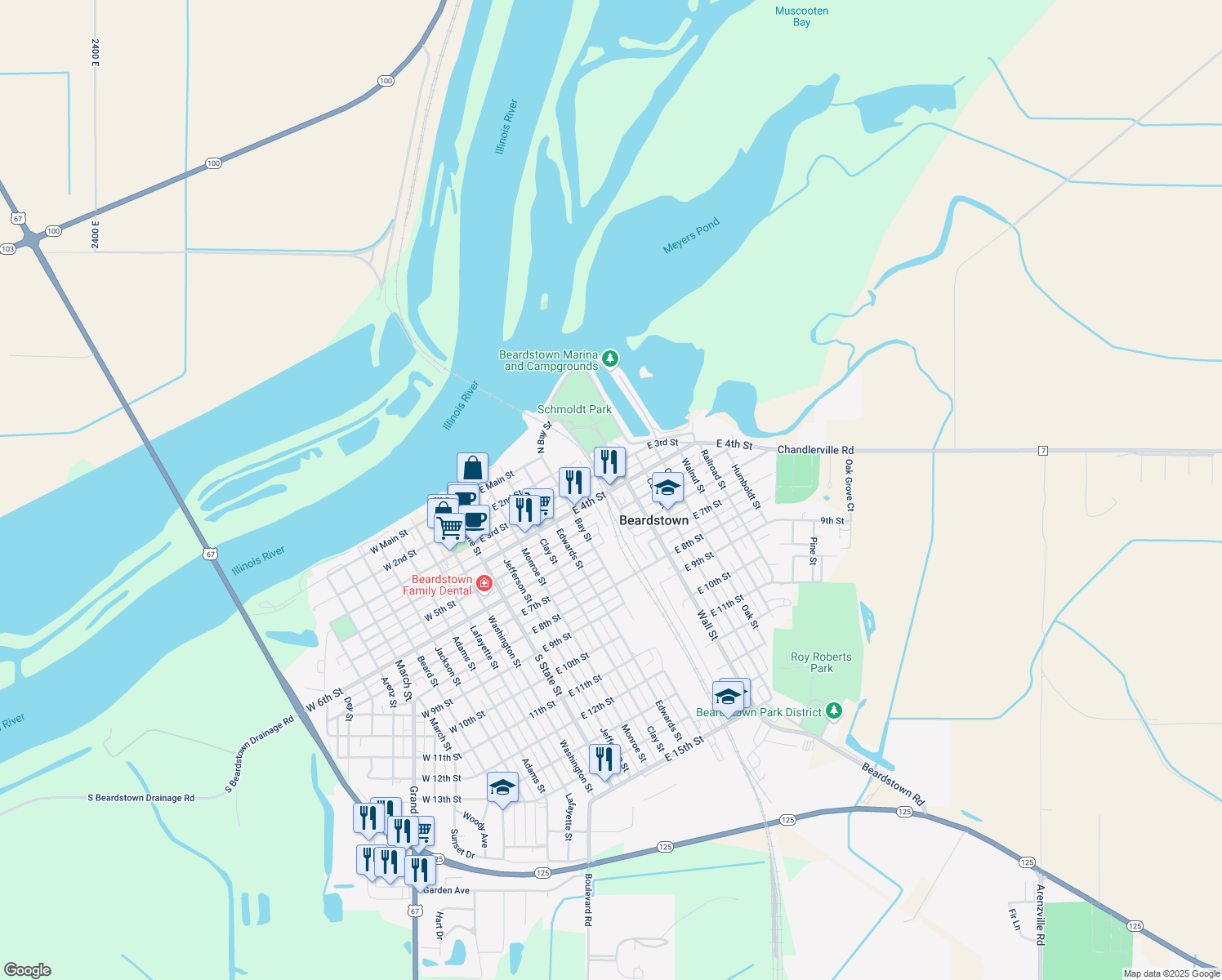 map of restaurants, bars, coffee shops, grocery stores, and more near 814 East 4th Street in Beardstown