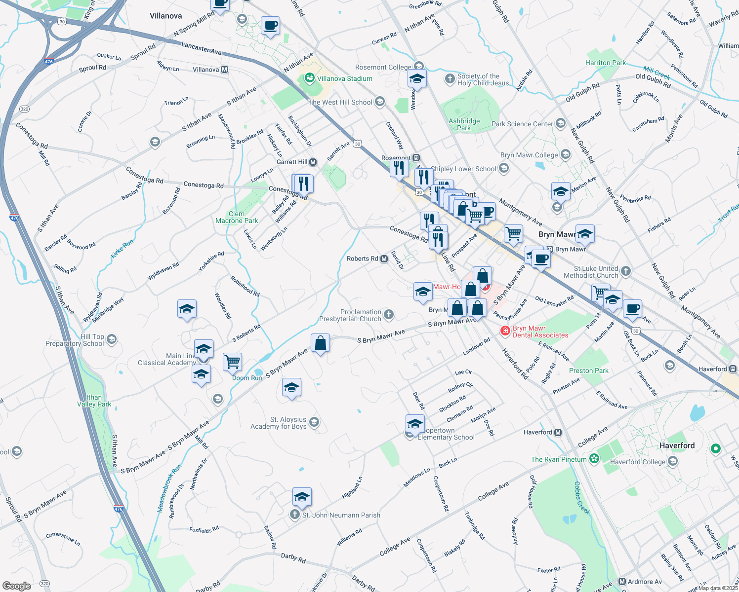 map of restaurants, bars, coffee shops, grocery stores, and more near 817 Vauclain Lane in Bryn Mawr