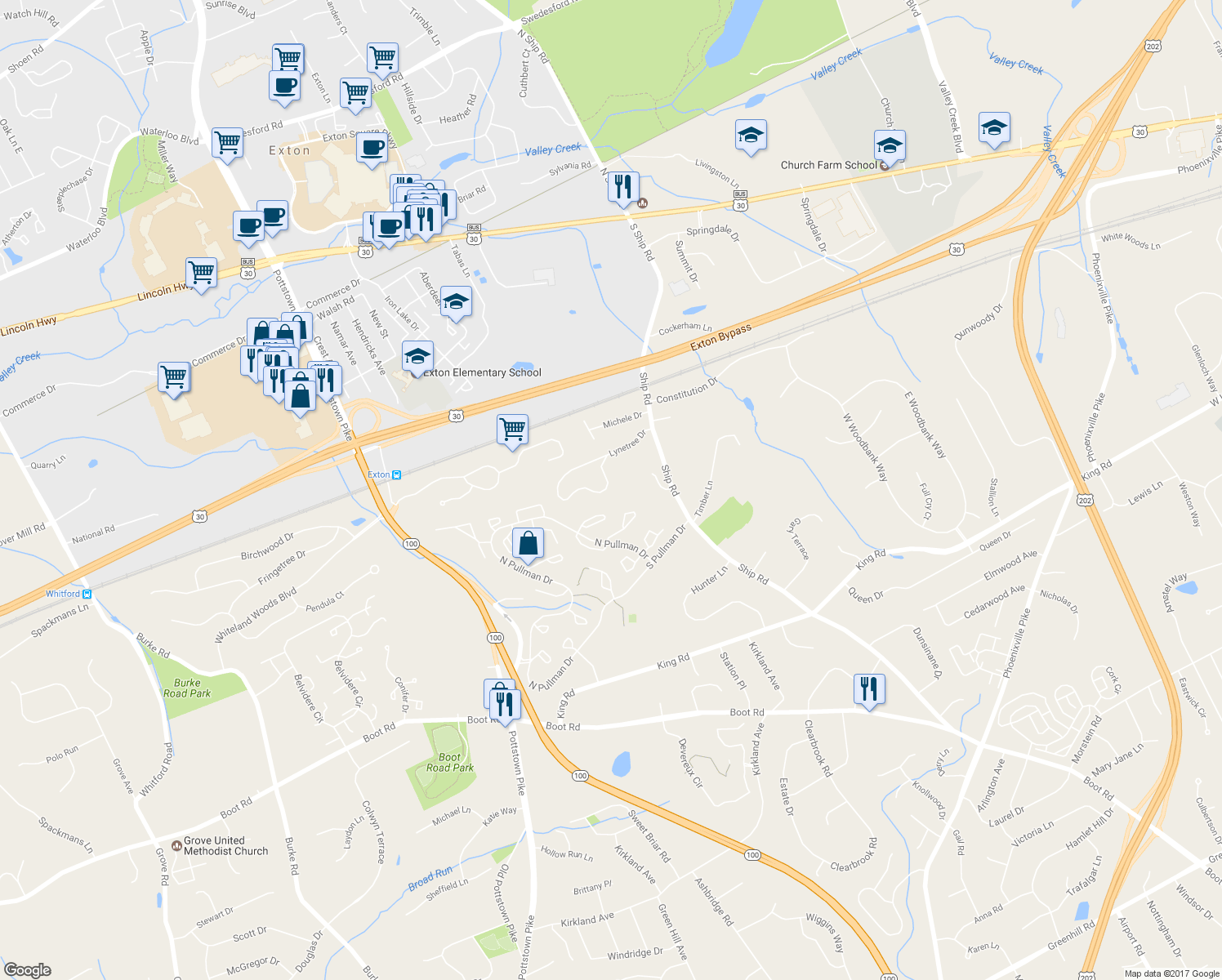 map of restaurants, bars, coffee shops, grocery stores, and more near 395 Lynetree Drive in West Chester