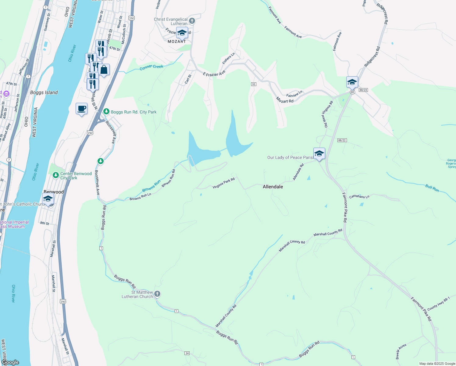 map of restaurants, bars, coffee shops, grocery stores, and more near 69 Virginia Park Road in Wheeling